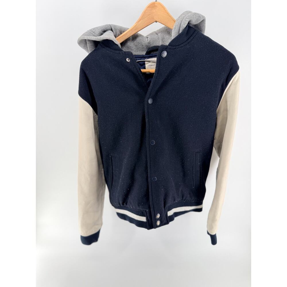 Aeropostale Varsity Jacket Men's M Hooded Wool‎ Blend Bomber Blokecore Navy 90's